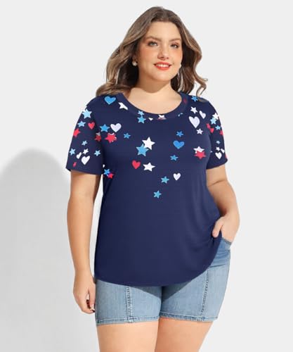 Image of CARCOS Plus Size Tops for Women Short Sleeve Shirt Summer Star /Leopard /Tie Dye /Flower Crewneck Pullover Tunic XL-5XL