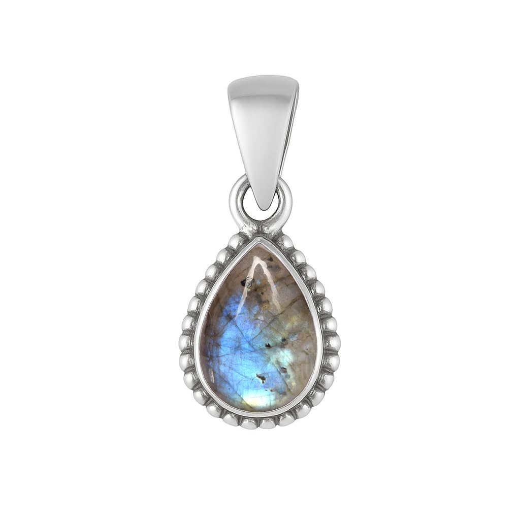 Stone House Natürlicher Labradorit-Edelstein-Anhänger, 925er Sterlingsilber, 7 x 9 mm, Birnenform, handgefertigt, feiner Schmuck für Damen, V-SP18-LBRT