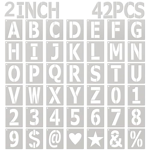2 inch Letter Stencils 42 Pcs Large Reusable Alphabet Letter NumberStencils for Painting on Wood Wall Fabric Rock DIY Art Projects (2 inch)