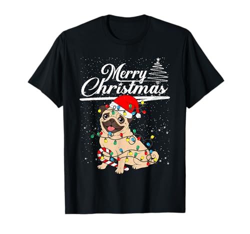 Funny Pug Dog Christmas Lights Santa Hat Candy Cane Xmas Camiseta