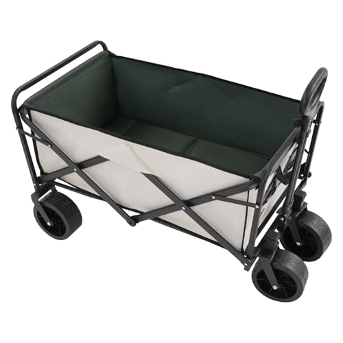 Carro plegable de 89,5 x 51 cm, carro de mano plegable con 4 ruedas, mango ajustable en altura, carrito de playa con frenos y portavasos, para playa, camping, compras, color caqui