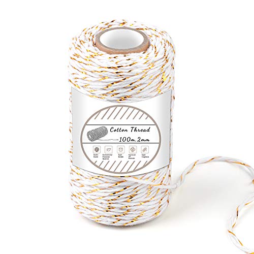 Colorful Cotton String, 100M/328 Feet Cotton Bakers Twine String, Cotton Cord, Gift Wrapping Twine for Baking, DIY Crafts, Home Decoration (White+Golden)