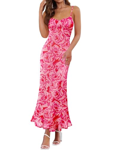 ZESICA Women's Summer Floral Sleeveless Bodycon Maxi Dress 2026 Spaghetti Strap Wedding Guest Vacation Long Dresses Sundress,Rose,Small