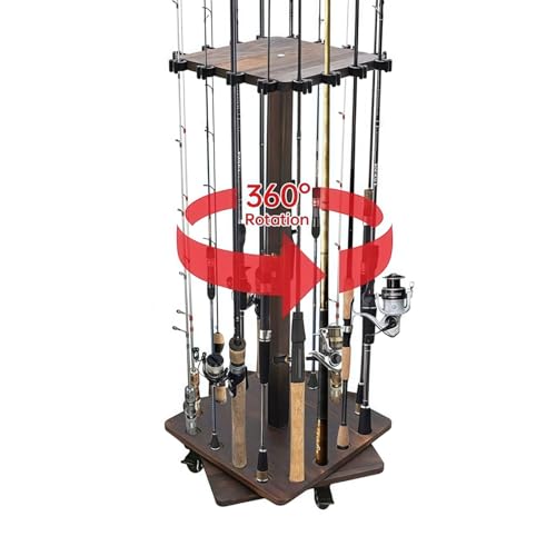 Houderrong Fishing Rod Holders Up to 16 Rods,360° Rotating Stand with 4 Lockable Swivel Casters,Solid Wood Fishing Pole Rack for Spinning, Baitcasting & Surf Rods, Fishing Gear Storage Organizer