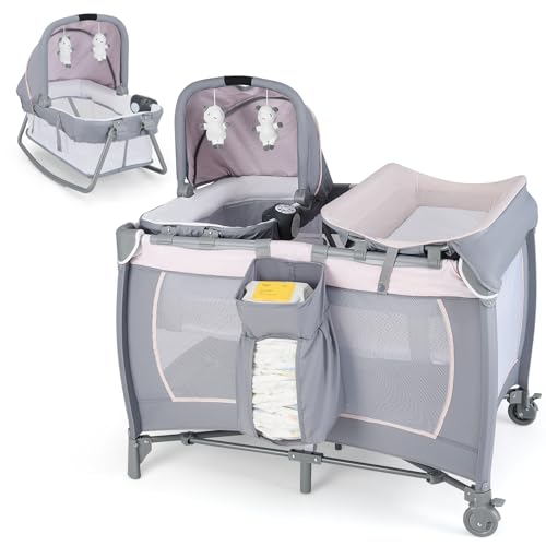 Image of HONEY JOY Pack and Play with Bassinet, Infant Pack and Play w/Newborn Cradle & Hanging Toys, Diaper Storage, Music, Portable Baby Playard w/Changing Station (Starry Pink)