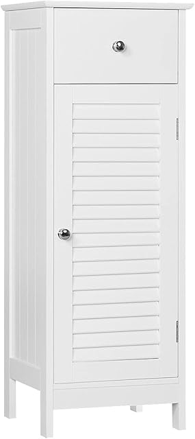 Yaheetech Bathroom Floor Cabinet Slim Wood Bedside Cabinet Hallway Storage Unit with Drawer & Shutter Door, 2 Shelves, MDF panels, 32 x 30 x 87 cm, White