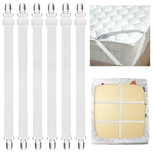 Hopton Bettlakenklammern Verstellbar 60–220 cm, 6 Stück Elastische Bettlakenspanner mit Metallclips für Spannbettlaken, Matratze, Bügelbrett und Sofa, Faltenfreie Betttuchspanner, Weiß
