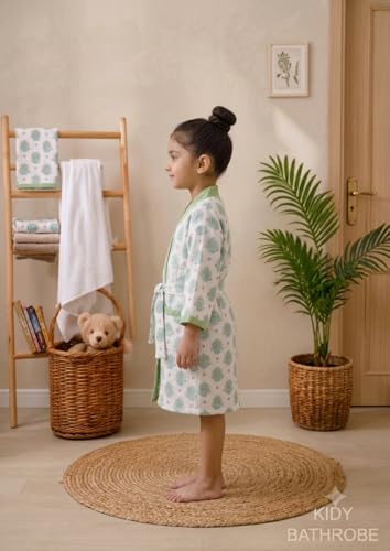 Image of Hand Block Print Waffle Cotton Fabric Kid's Bathrobes Loungewear lightweight Traditional Handblock Printed Bathrobe For Boy & Girls (Suitable for kids 9 to 12 years old) Green