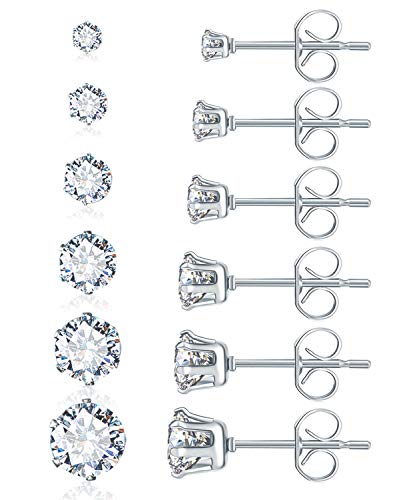Lateefah 6 Pairs Stainless Steel Stud Earrings Round Clear Cubic Zirconia Earring for Women & Girls