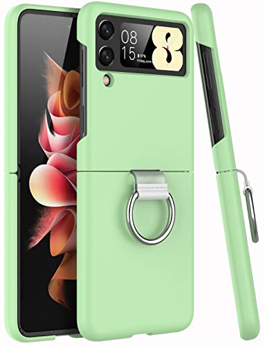 Ikazz Galaxy Z Flip 3 Case,Samsung Z Flip 3 Drop-Proof Anti-Slip Cover Heavy Duty Shockproof Full-Body Rugged Protective Phone Case With Ring Holder For Samsung Galaxy Z Flip 3,Light Green #TOP5