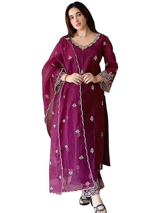 Image of Royal Export Women's Kurta Set | Viscose Silk Floral Embroidered Straight Kurta Pant Dupatta Set Kurta Sets for Women | Ladies Kurta Set (RX60-P)
