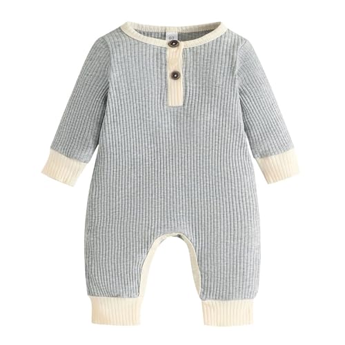 Genérico Rana Bebé Niño Niña Manga Larga Patchwork Color Costillas Recién nacido Traje Ropa (Grey, 3-6 meses)