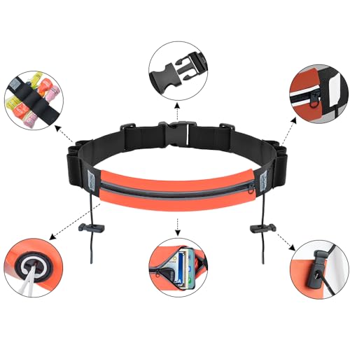 RJ-Sport Laufgürtel für Handy - wasserdichte Lauftasche, Sportgürtel Hüfttasche, Triathlon Startnummernband Laufgurt mit Bauchtasche & Verstellbarem Gummiband & Nummernhalter &6 Gel-Halter (Schwarz)