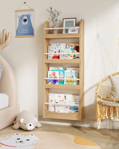 CHOEZON Kids Bookshelf, 15.7 Inch Wall Mounted Bookshelf, 4-Tier Nursery Book Shelves, Book Shelf for Kids Room, Bedroom, Living Room, Playroom, Natural and White MCW04NW