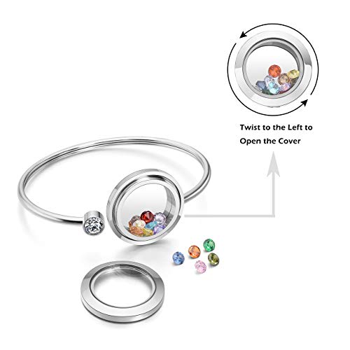 Piercingj Stainless Steel Zircon Birthstone Bracelets Memory Floating Charm Glass Locket Bracelet Bangle For Women Diy Jewelry Making, Free 12Pcs Birthstone #TOP3