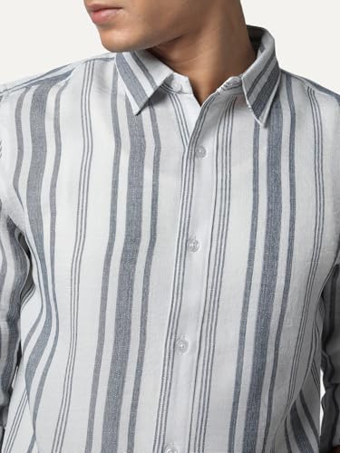 Image of Urbano Fashion Men's Cotton Full Sleeve Relaxed Fit Linen Striped Shirt with Spread Collar
