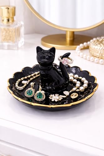 ROSA&ROSE Cat Ring Holder Trinket Tray Ceramic Jewelry Dish Porcelain Ring Organizer,Gift for Women,Girlfriend,Wife,Birthday or Anniversary(Black bow) - Image 5