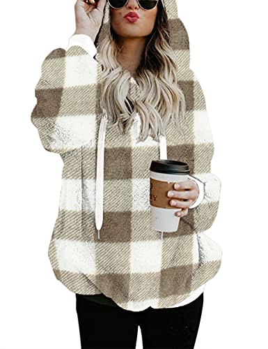 Romanstii Womens Sherpa Pullover Warm Fuzzy Fleece Sweatshirt Oversized Hoodie Winter Jacket With Pocket Plaid Khaki XXL