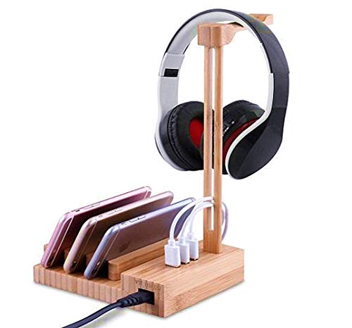 ONEGenug ヘッドホンスタンド 3つのUSB充電器付き 炭素化竹充電ステーション デスクトップゲームヘッドセット/Apple Watch/スマートフォン用 ユニバーサルハンガー デスクトップオーディオ整理用