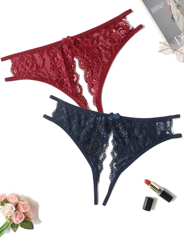 Image of Avidlove Women Lace Panties Sexy Thong Underwear Floral Lace Briefs | Womens sexy panty with Cute Bow Center Low Rise Underwear Mesh Hollow Out G-String 1-4 Pack