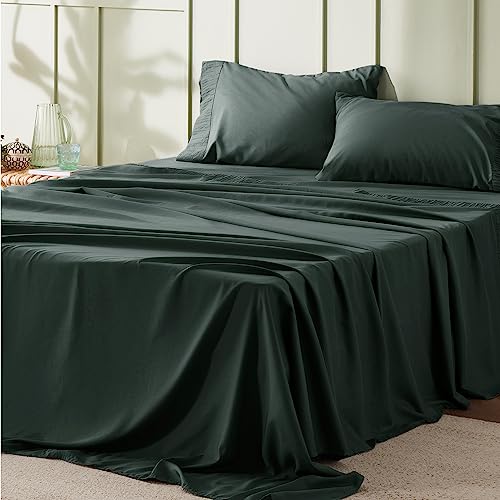 Image of Bedsure Queen Sheet Set - 4 Pieces Soft Queen Size Sheets - Breathable & Cooling - Hotel Luxury - Easy Care Polyester Microfiber Bedding for Women, Men, Forest Green