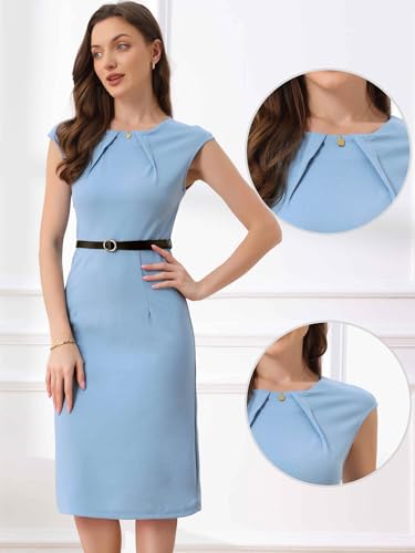 Image of Allegra K Business Dress for Women's Work Elegant 2026 Cap Sleeve Belted Office Sheath Dresses