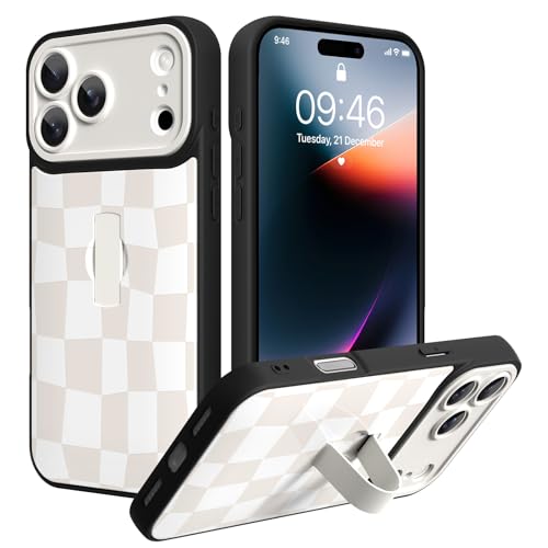 SOKAD for iPhone 17 Pro Max Case with Finger Strap Stand, White Checkered
