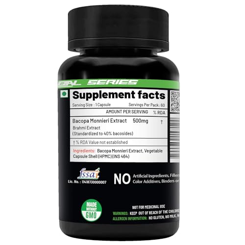 Image of NutriJa Brahmi - Bacopa Monnieri Extract 500mg Capsules with 40% Bacosides | 60 Veg Capsules