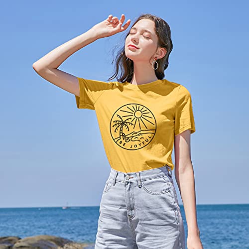 Be Joyful Sunshine T-Shirt Women Beach Coconut Trees Graphic Shirt Spring Vacation Tee Tops (Yellow, Large) #TOP2