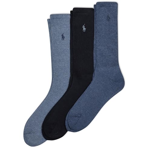 Polo Ralph Lauren Mens Ribbed Casual Crew Socks - 3 Pair Pack Cotton Comfort & Heel-toe Reinforcement PP Rib, Denim, 6-12.5 US
