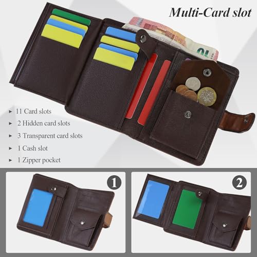 Men's Wallet, Large Capacity Leather Trifold Wallet for Men with 13 Card Slots, Credit Card Wallet with 3 ID Windows and Coin Pocket (Brown)3