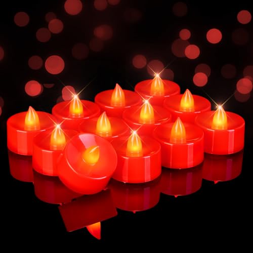 Image of Homemory Red Tea Lights Candles Battery Operated, Flickering Flameless LED Votive Candles, Warm White Tealights for Romantic Dinner, Wedding, Valentine's Day, Halloween, Christmas, Party, 24-Pack