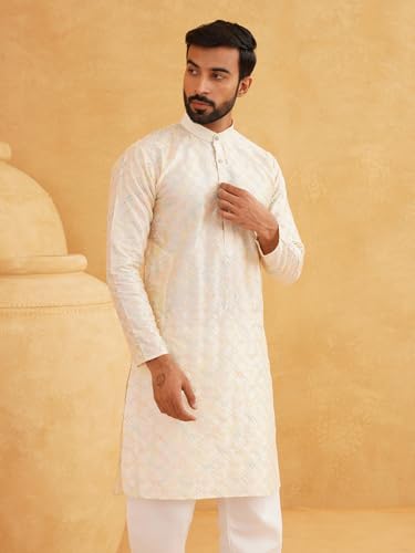 Sojanya (Since 1958 Men'S Silk Blend Cream Kurta With Multi Color Embroidery2