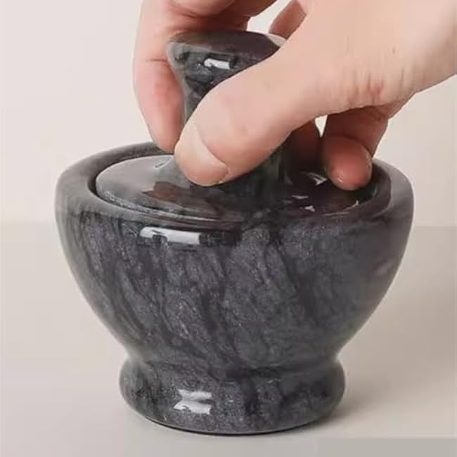 Mortar and Pestle Set Marble Grinder Creative Mushroom Head Garlic Mortar Pepper Spice Crushing Pot Pestle Set Seasoning Spice Tools(Black)