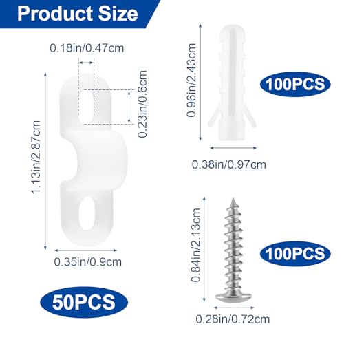HINZIC 50pcs Shelf Loop Clips with 100pcs Expansion Pipes & 100pcs Screws for Wire Rack Brackets Supports Shelving Accessories - White