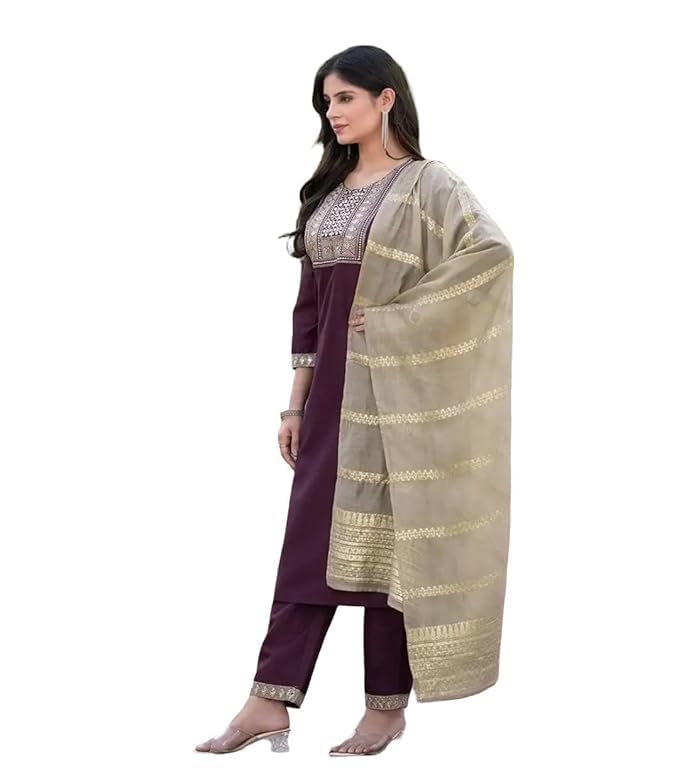 Women Solid Straight Kurta Pant Set with Embroidered Yoke, Purple with Beige Dupatta (IN, Alpha, M, Regular)