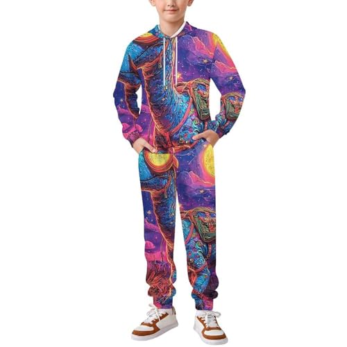 Boys Girls Hoodie Pants Hooded Sweatshirt Sweatpant 2 Piece Clothing Set, Dinosaur Hippie Neon