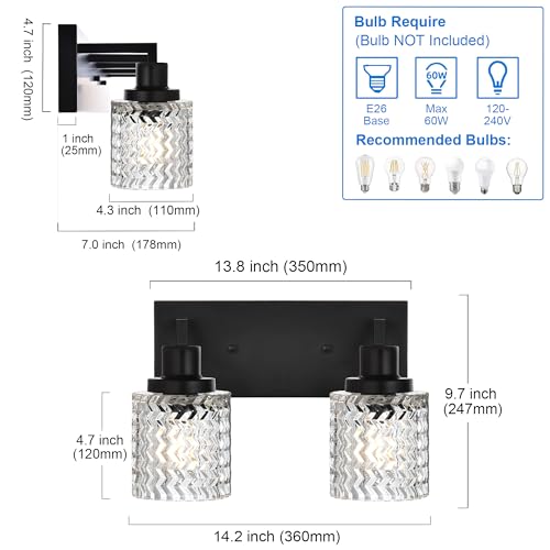 Image of MELUCEE 2 Lights Indoor Wall Sconces Black Finish, Contemporary Bathroom Vanity Lighting Fixtures with Hammered Glass Shade, Modern Wall Mounted Lamp Above Mirror Sink Cabinet