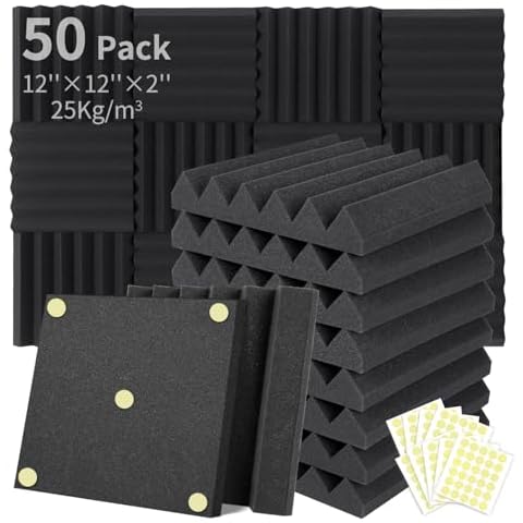 Focusound 50 Packs Acoustic Foam Panels Wedge 2" X 12" X 12", Soundproofing Foam Noise Cancelling Foam with 300 PCS Double-Side adhesive Cover