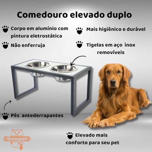 Comedouro Elevado para Cães, Tamanho Grande Duplo em Alumínio com Tigelas Inox Removíveis, Base Anti
