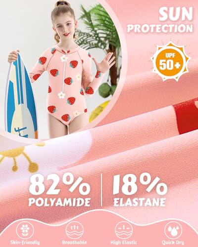Image of Century Star UPF 50+ Girls Long Sleeve Swimsuit - Rash Guard Swimsuit Toddler Kids Teen One Piece Bathing Suit Zip 2-15Y