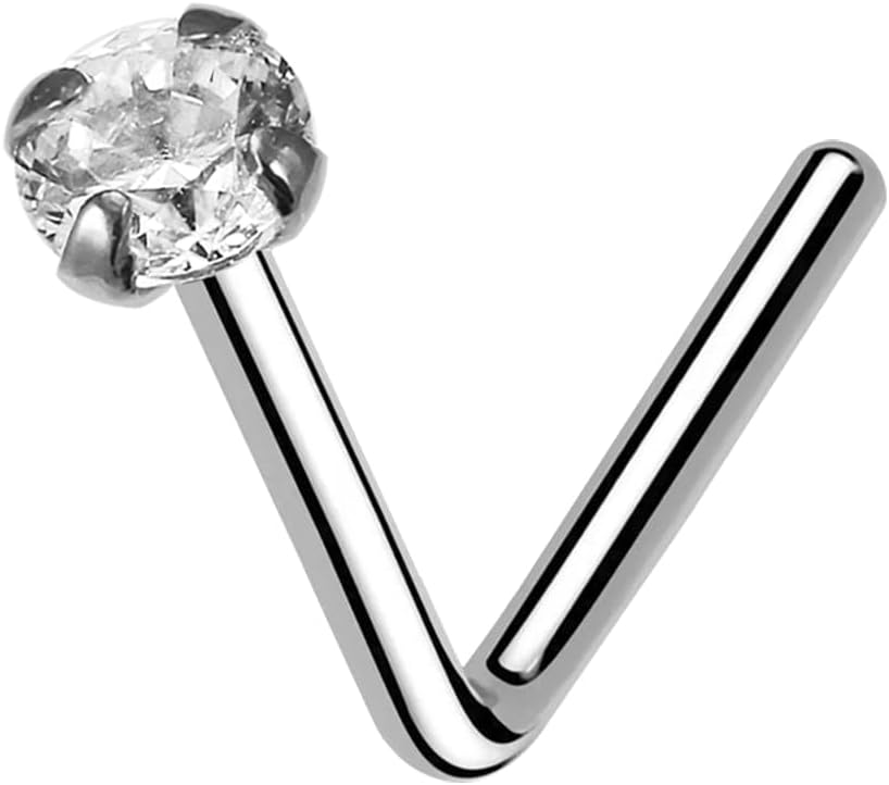 14K Solid Gold Round Cz Gemstone Top on 18 Gauge L Shape Nose Stud- Tiny Nose Ring- Gold Nose Piercing Body Jewelry