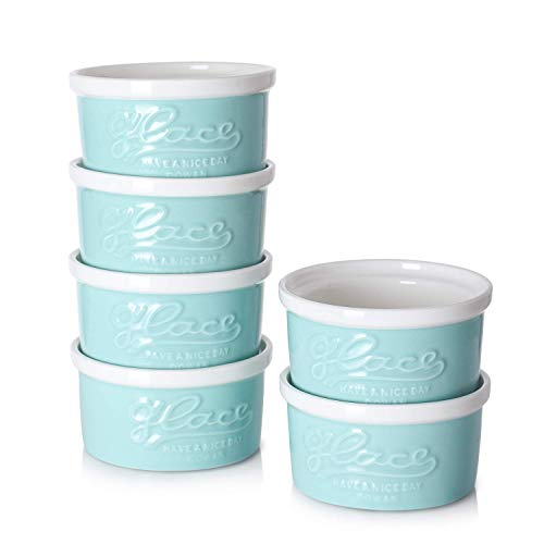 DOWAN 4 oz Porcelain Ramekins - Souffle Ramekins for Creme Brulee Oven Safe, Embossed Ramekins Bowls Ramekin Dishes for baking, Set of 6, Blue