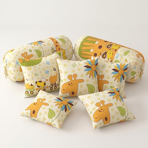 Image of Filymore Yellow Giraffe Kids Fitted Diwan Set 8 Pieces - Microfiber Diwan Bedsheet Set with 5 Cushion Covers & 2 Bolster Covers | Soft Cartoon Giraffe Print Diwan Cover Set for Kids Room