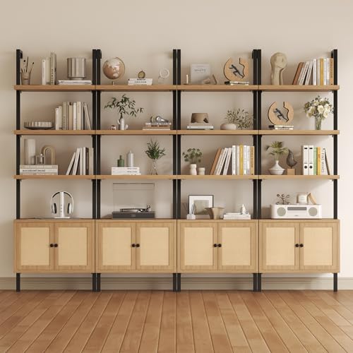 Airynee Ladder Bookshelf, 4 Tier Book Shelf with Rattan Cabinet, Wall Mount Bookshelves and Bookcases with Metal Frame, Anti Dump, Tall Bookcase for Living Room, Home Office, Bedroom Oak 4pcs