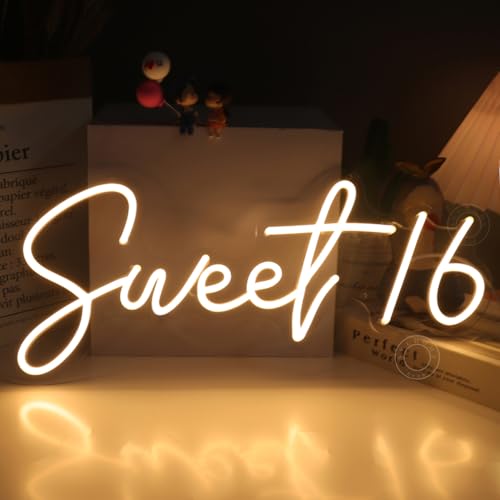 SYLHOME Sweet 16 LED Neon Light Sign 17"X7.3" 5V Sweet Girls Adults Bedroom Happy 16th Birthday Party Wall Decor Beautiful Bestie Sister Gift USB Warm White by SYLHOME - Used condition - US$20.02