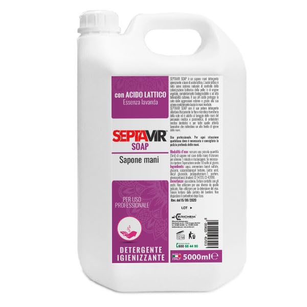 Sapone Mani Disinfettante 5 Litri – Septavir Soap a Base di Acido Lattico – Uso Professionale – Igiene Mani per Studi Medici, RSA e Ambienti Sanitari