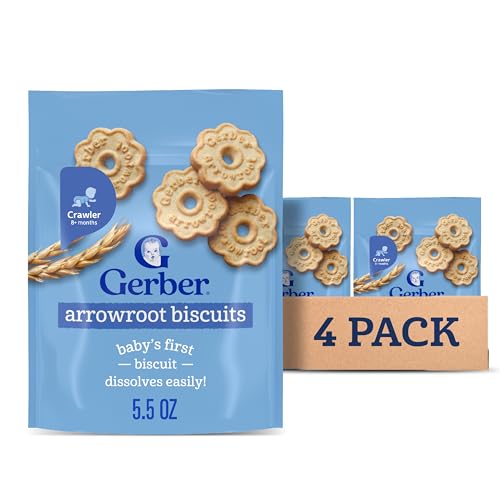 Gerber Arrowroot Biscuits, Snacks for Babies, Arrowroot Cookies, Vitamin E, Finger Foods, 4PK