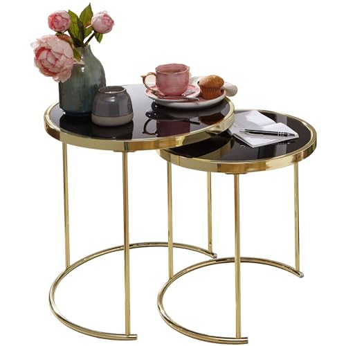 Wohnling Design Satztisch Como Schwarz/Gold Beistelltisch Metall/Glas, Couchtisch Set aus 2 Tischen, Kleiner Wohnzimmertisch, Metalltisch mit Glasplatte, Ablagetisch modern