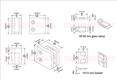 40Pc, Stainless Steel 316 Square Flat Back Glass Clamp 55 X 55 Mm For 3/8" - 1/2" Tempered Glass Or Laminated Glass, Satin Finish, (Gc-056S-40) #TOP2